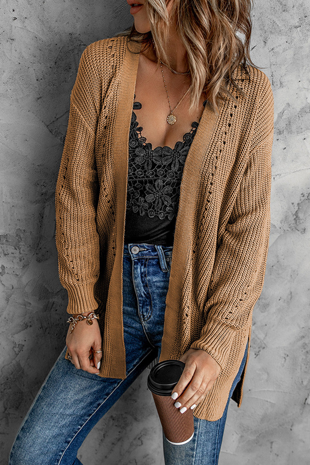 Apricot Drop Sleeve Cable Knit Cardigan with Slits