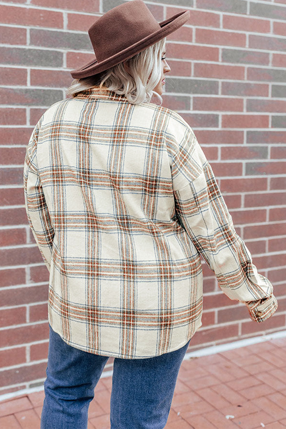 Beige Plus Size Plaid Half-Zipper Sweatshirt with Chest Pocket