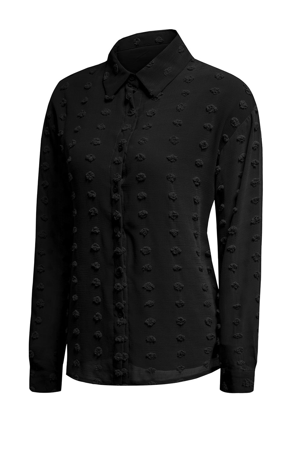 Black Long Sleeve Button Fuzzy Polka Dot Shirt