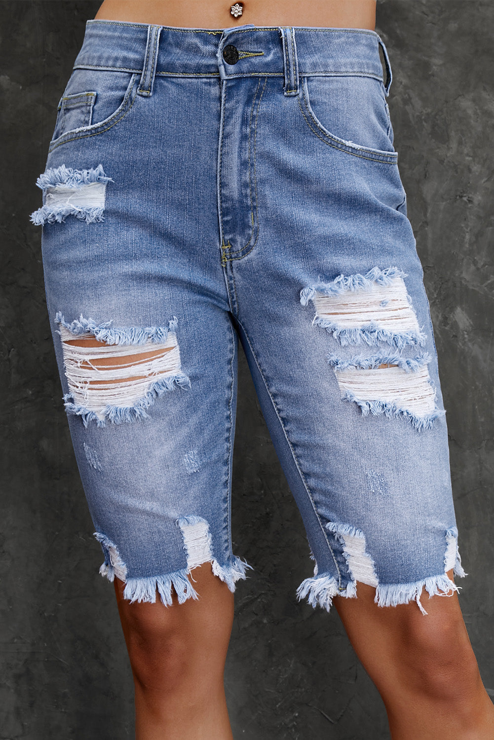 Ripped Tassel Bermuda Denim Shorts