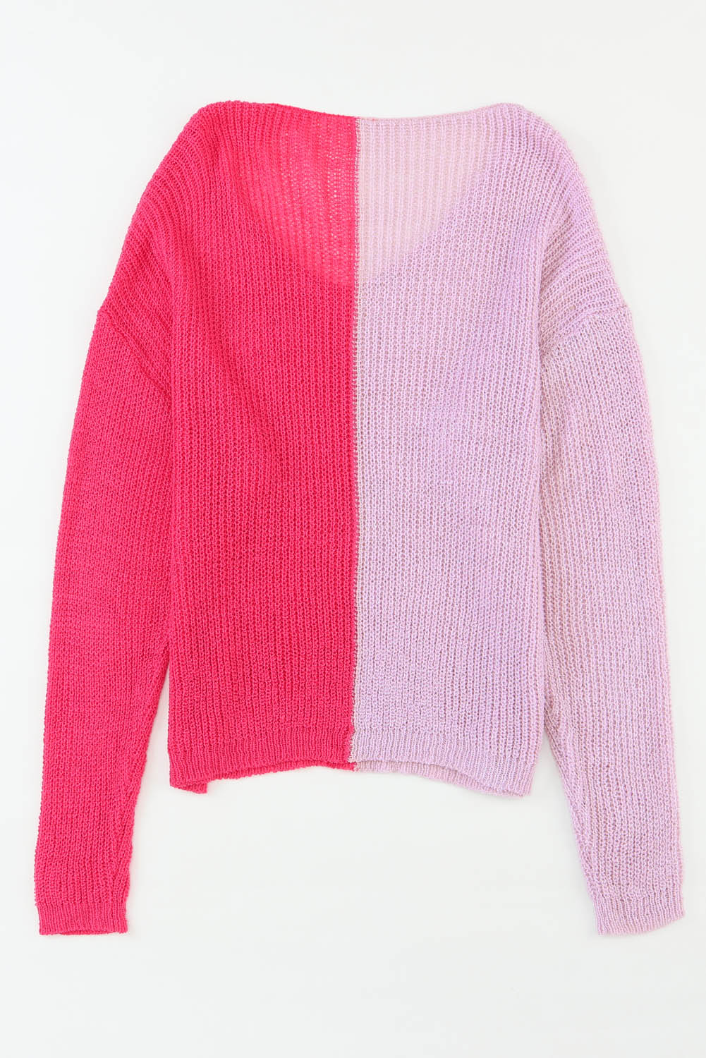 Pink Long Sleeve V-Neck Colorblock Sweater