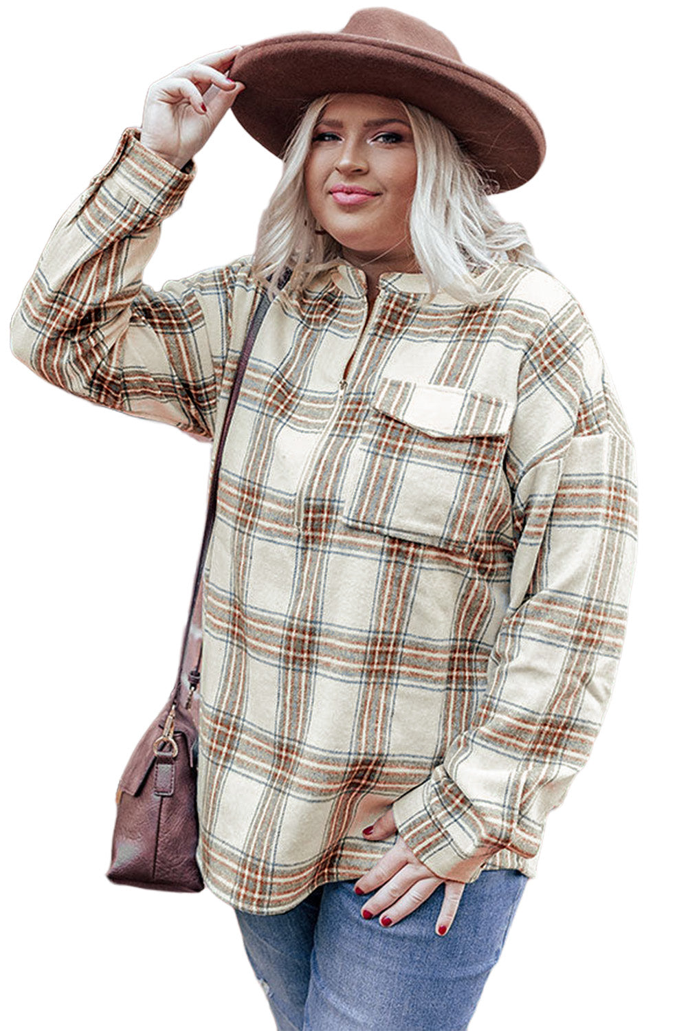 Beige Plus Size Plaid Half-Zipper Sweatshirt with Chest Pocket