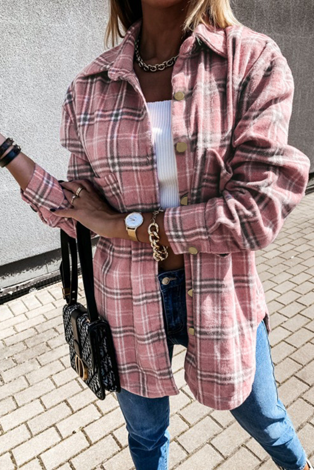 Pink Plaid Pattern Buttoned Shirt Coat with Slits