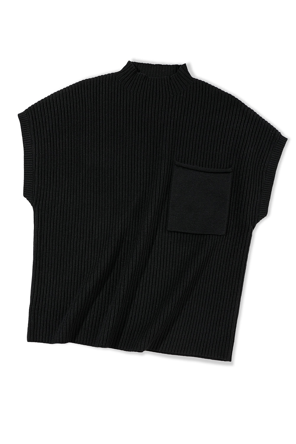 Black Patch Pocket Ribbed Knit Short Sleeve Sweater