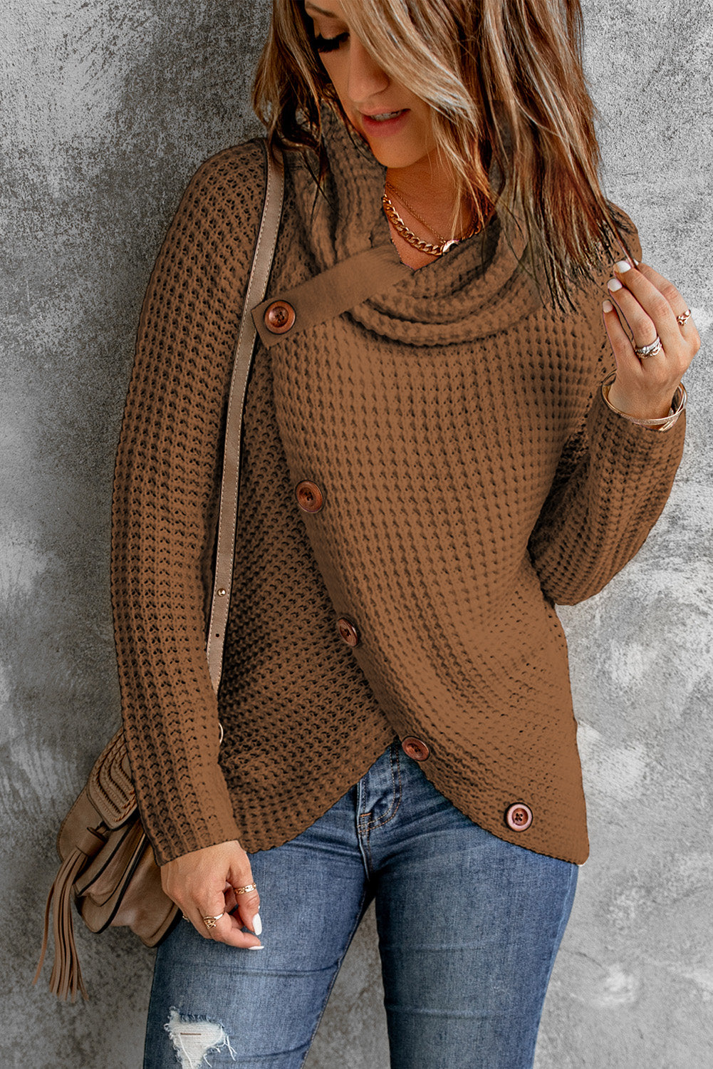 Khaki Buttoned Wrap Turtleneck Sweater