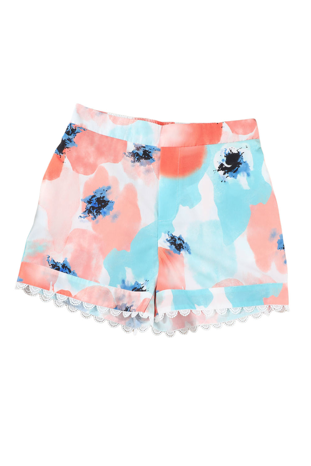 Abstract Water Marbling Print Lace Trim Shorts
