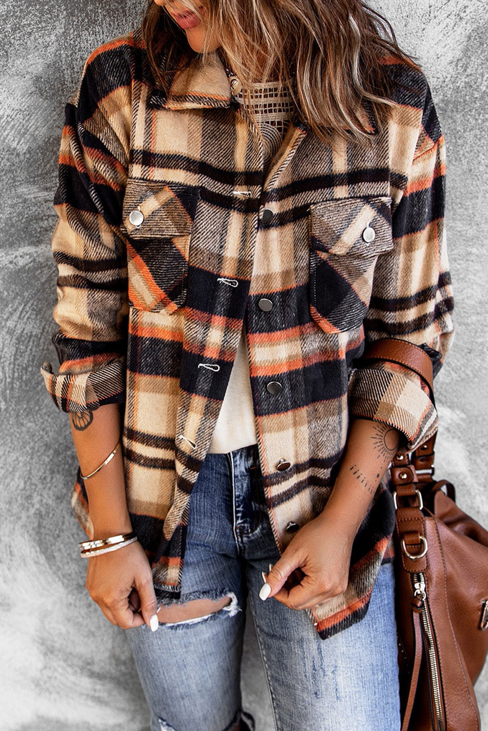 Orange Geometric Plaid Print Pocketed Shacket