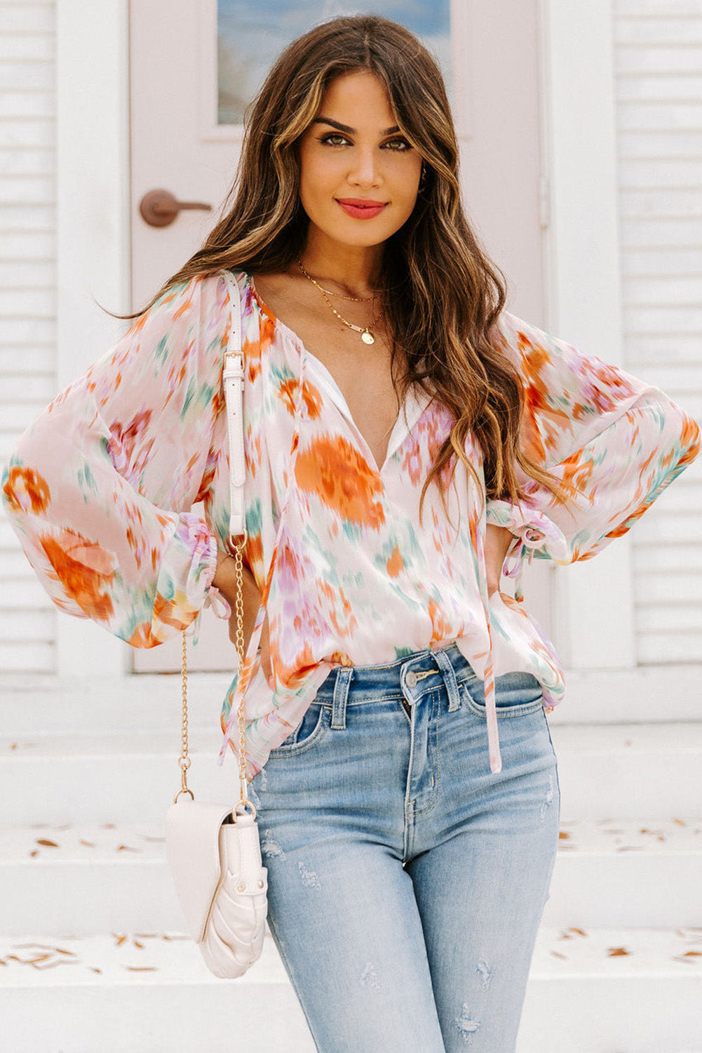 Multicolor Abstract Print Split Neck Puff Sleeve Blouse