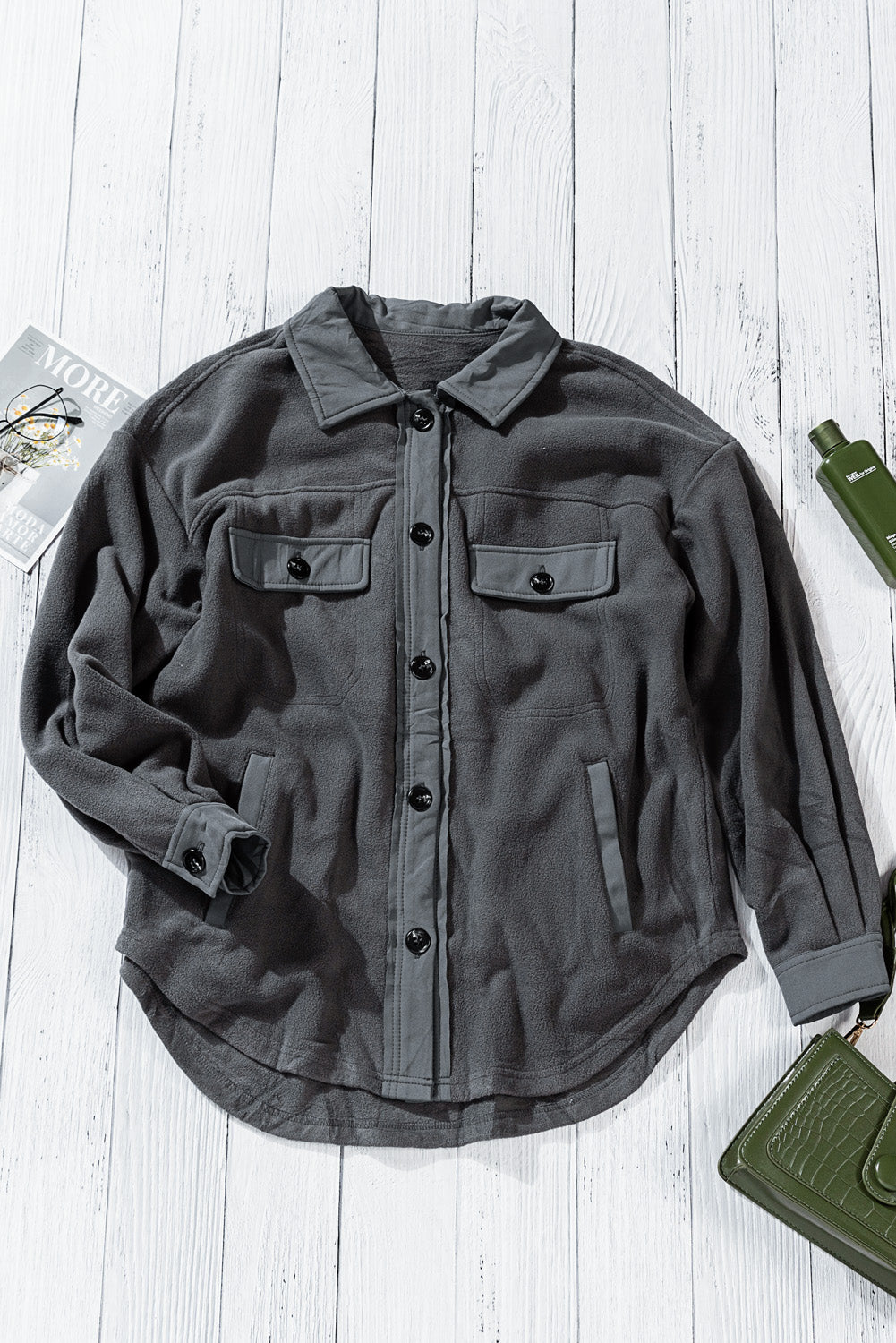 Gray Turn Down Collar Buttoned Shirt Jacket