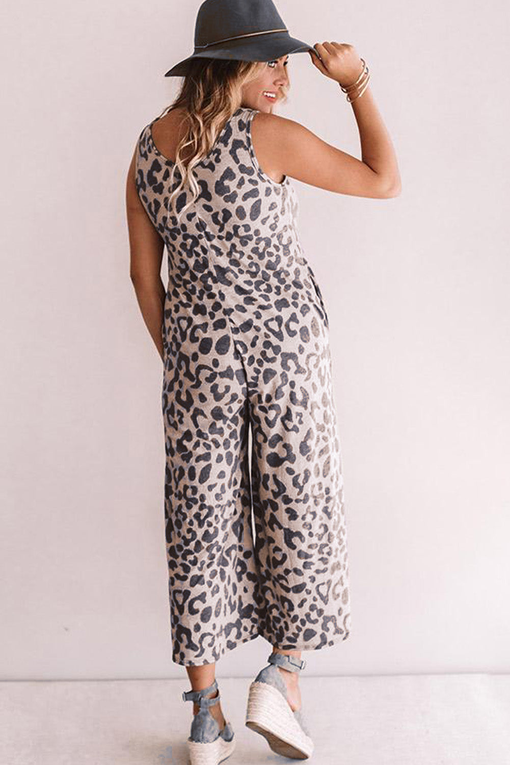 Leopard Print Pockets Wide Leg Sleeveless Jumpsuit