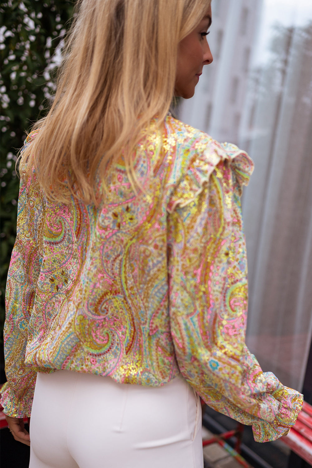 Yellow Paisley Print Ruffled Trim Boho Shirt