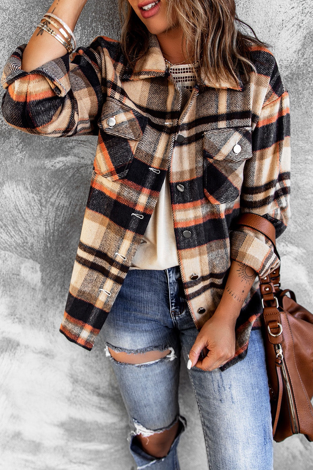 Orange Geometric Plaid Print Pocketed Shacket