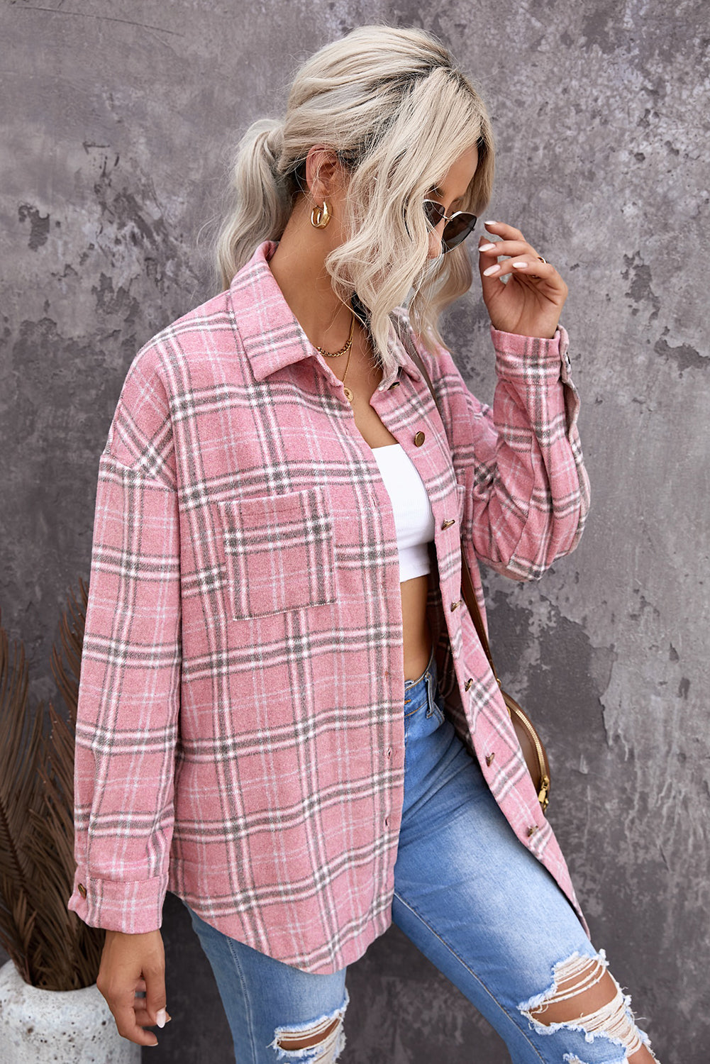 Pink Plaid Pattern Buttoned Shirt Coat with Slits