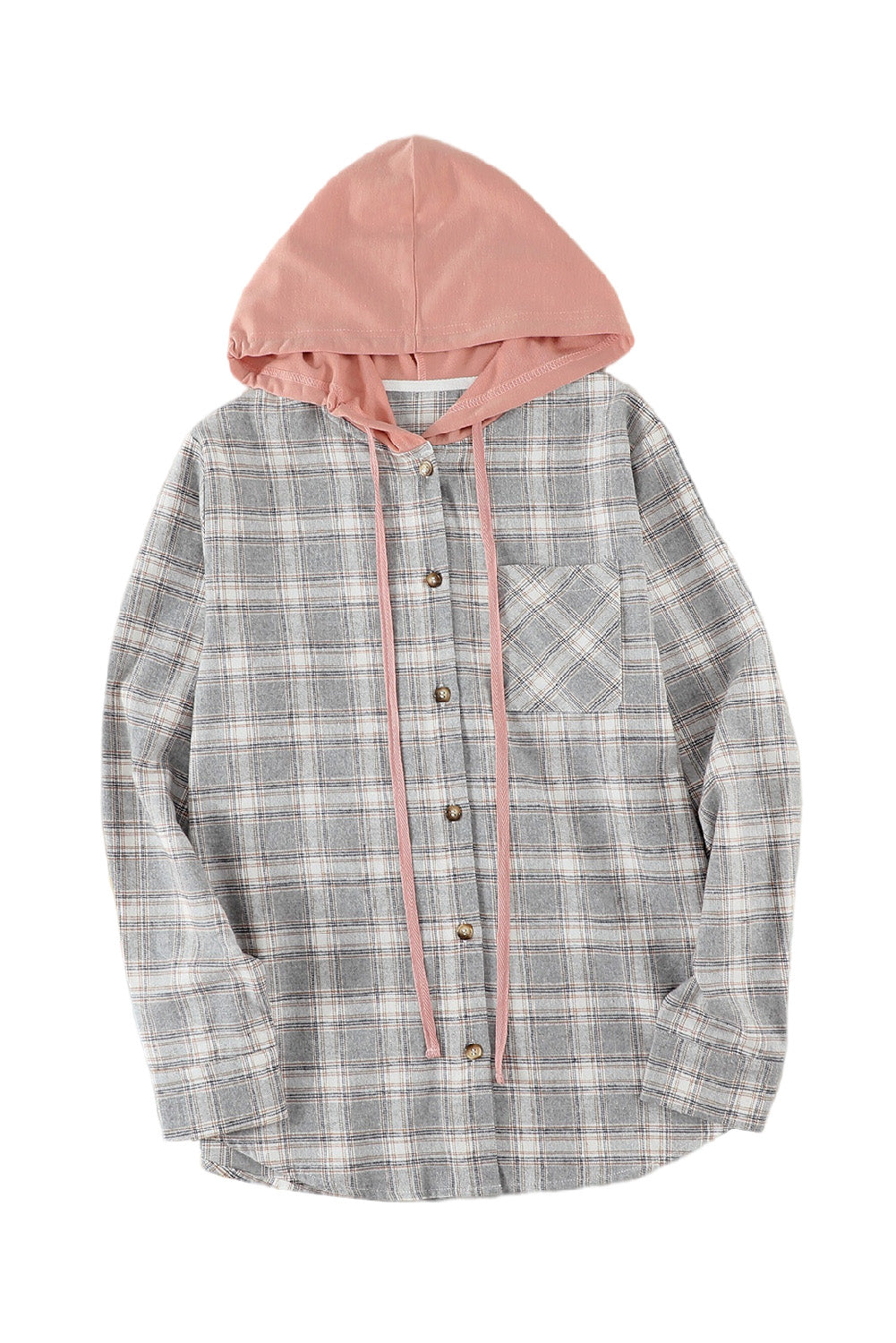 Khaki Drawstring Plaid Hooded Shacket