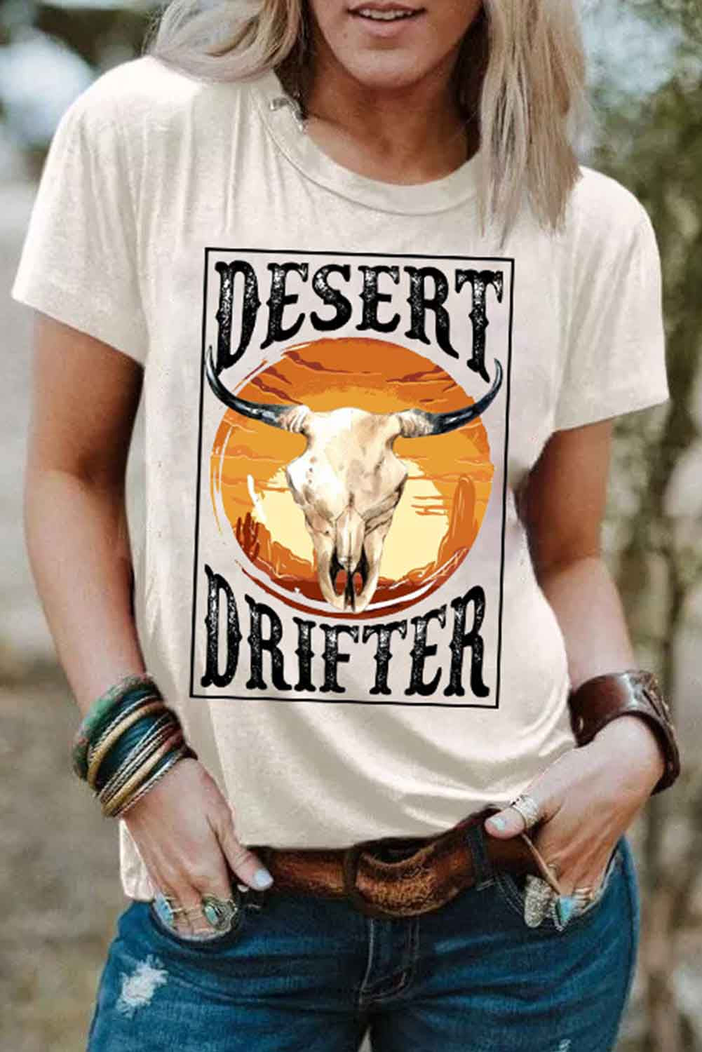 Desert Drifter Steer Skull Print Graphic T-shirt