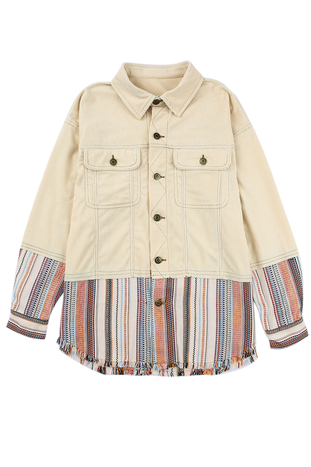 Button Up Pockets Striped Color Block Corduroy Jacket