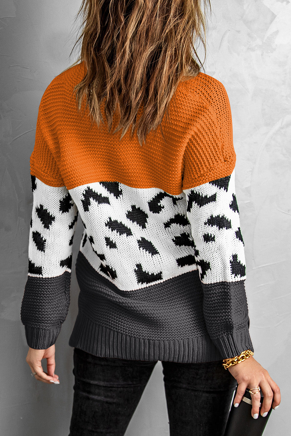 Orange Turtleneck Splicing Chunky Knit Pullover Sweater