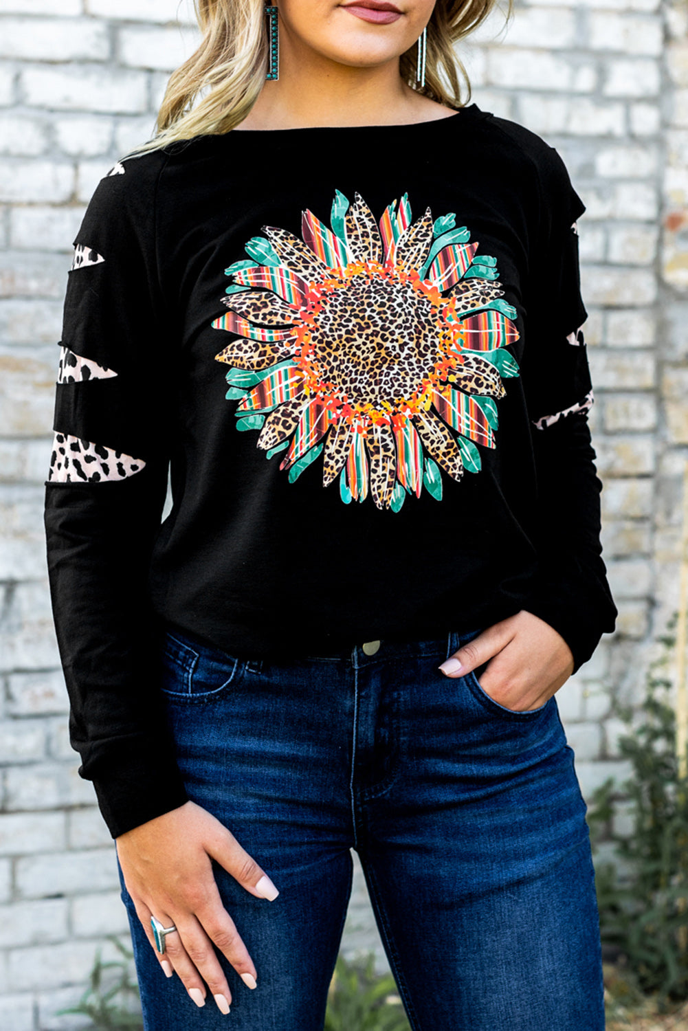 Black Leopard Sunflower Graphic One-Shoulder Sweatshirt