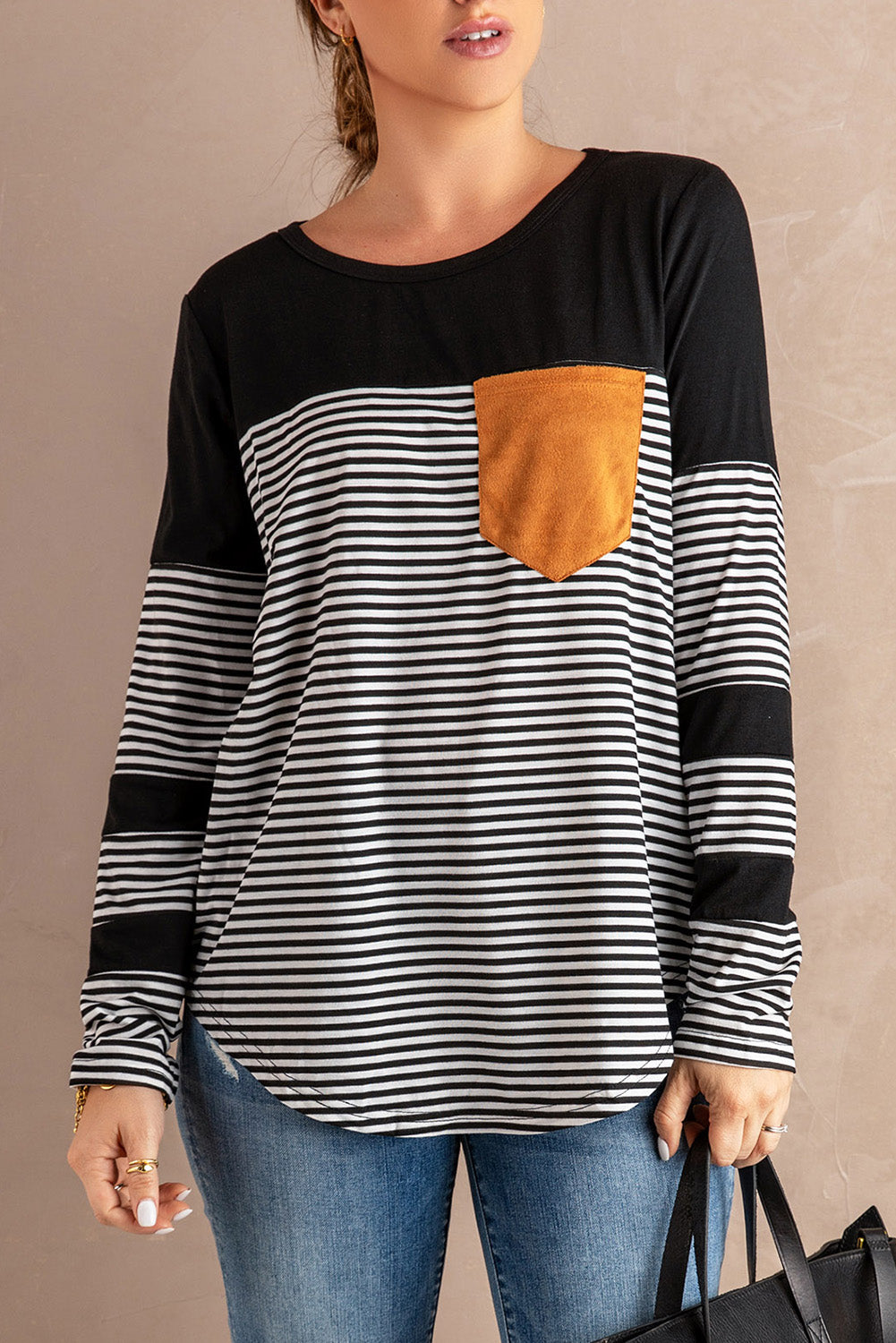 Black Pinstripe Patch Pocket Top