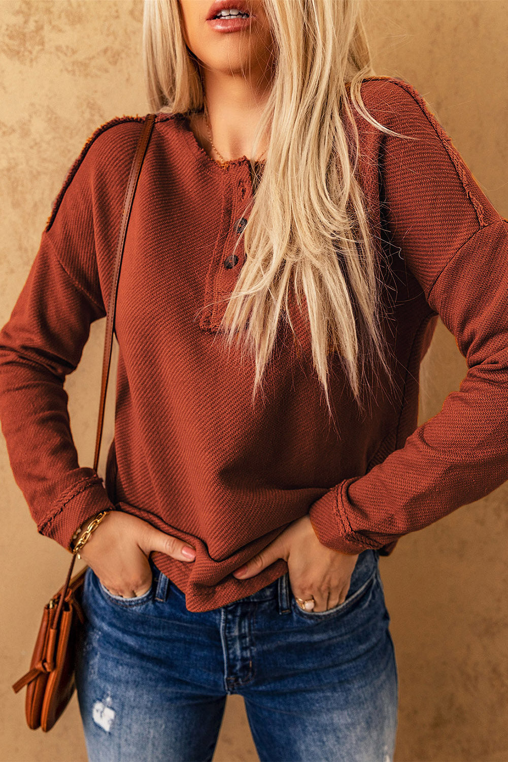 Brown Exposed Seam Drop Shoulder Henley Top