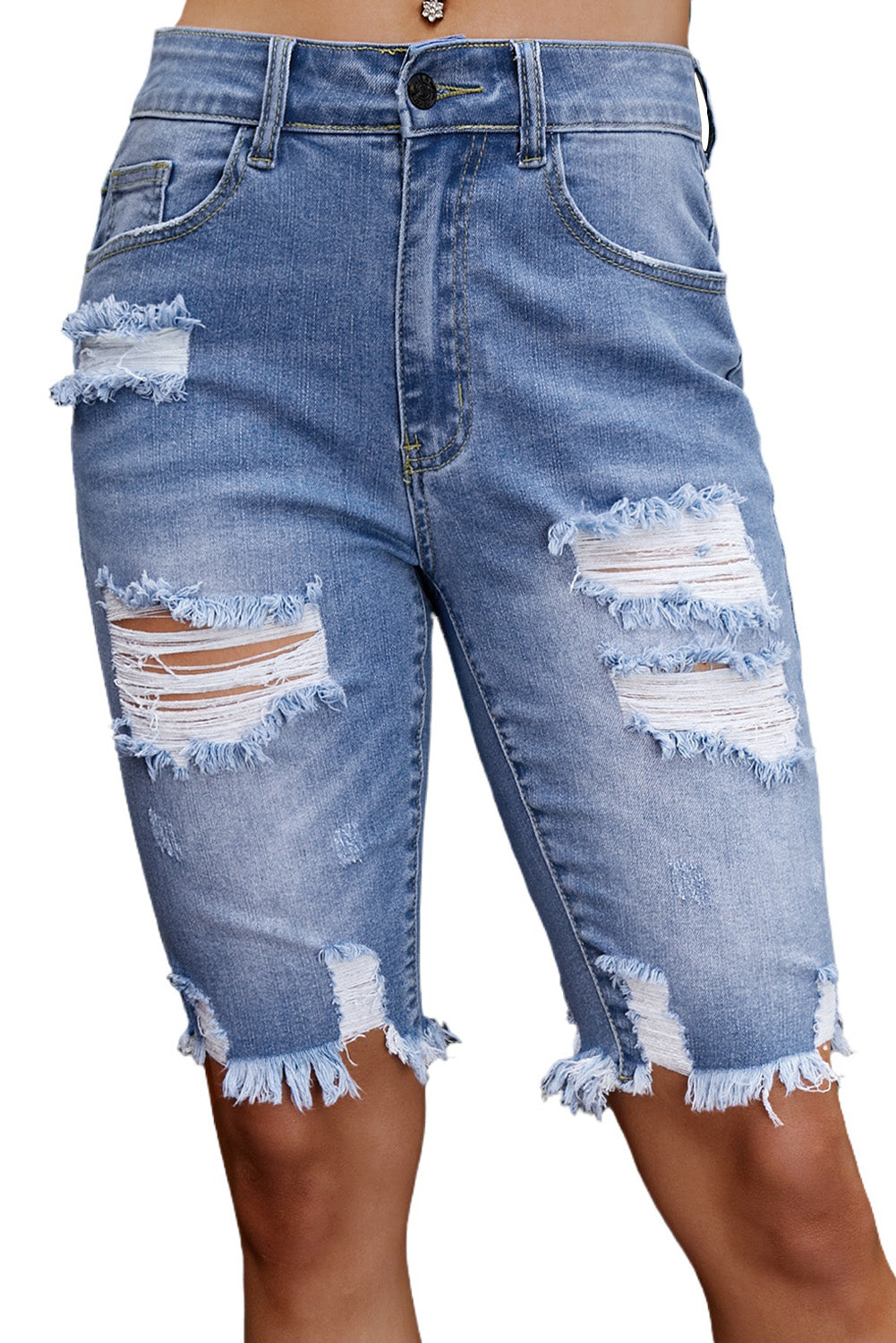 Ripped Tassel Bermuda Denim Shorts