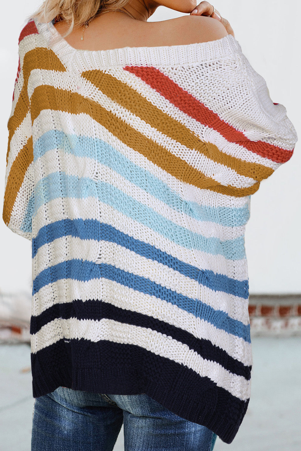 Multicolor Stripe Bubblegum V-Neck Braided Knit Sweater