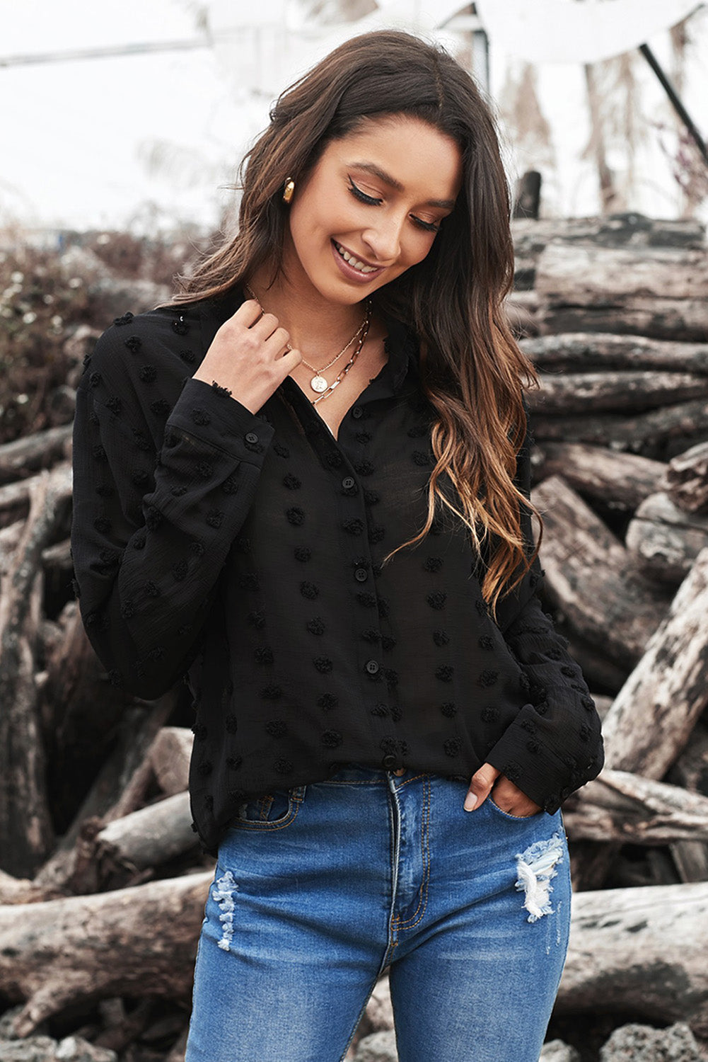 Black Long Sleeve Button Fuzzy Polka Dot Shirt