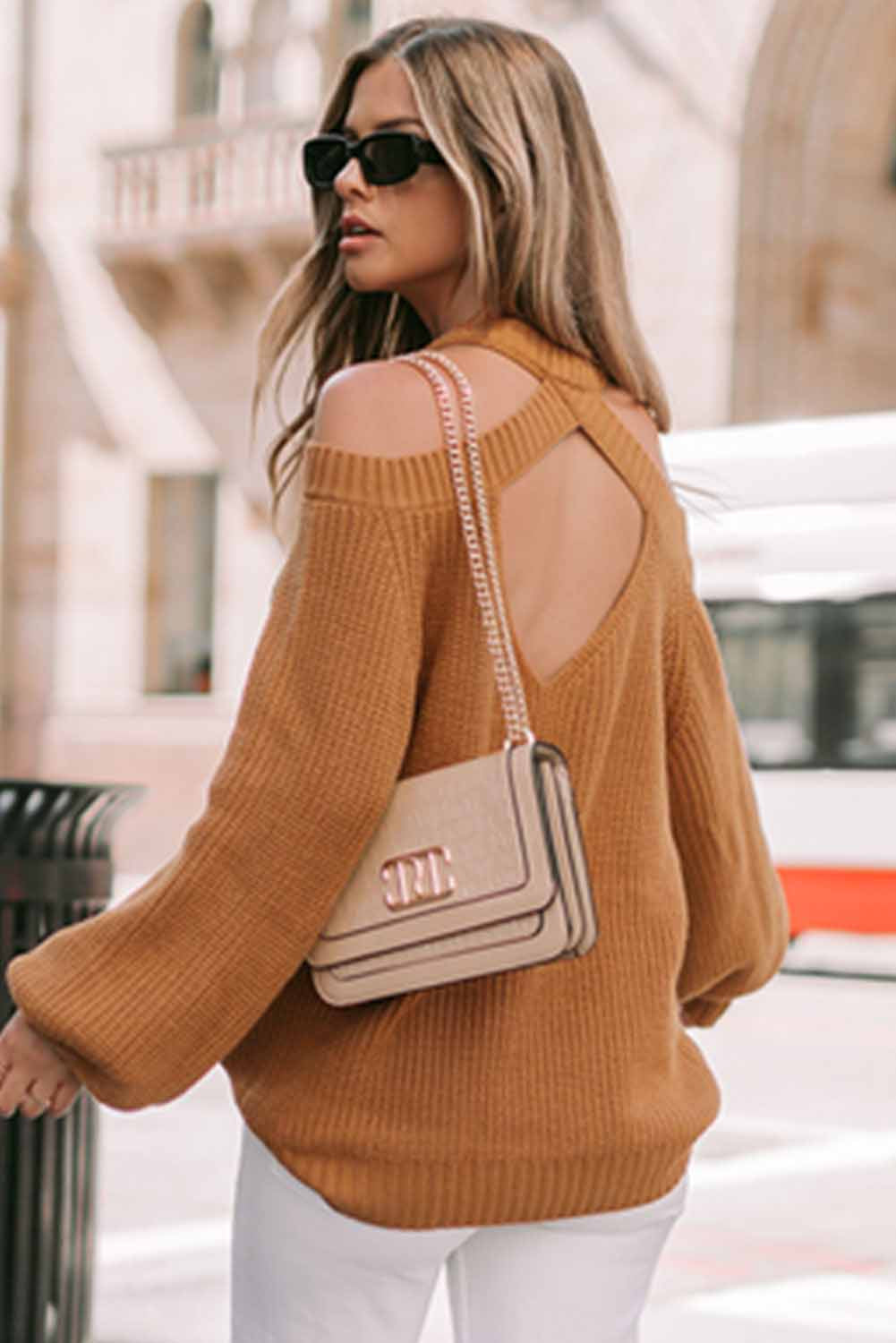 Brown Crew Neck Cold Shoulder Hollow-out Back Sweater