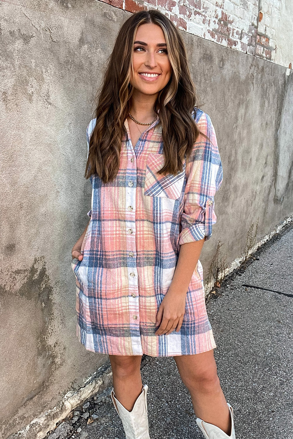 Plaid Roll-tab Sleeve Side Slit Shirt Dress