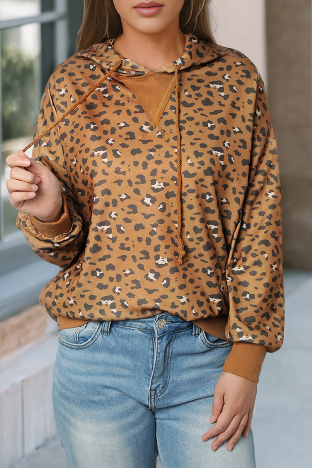 Leopard Long Sleeve Drawstring Cropped Hoodie