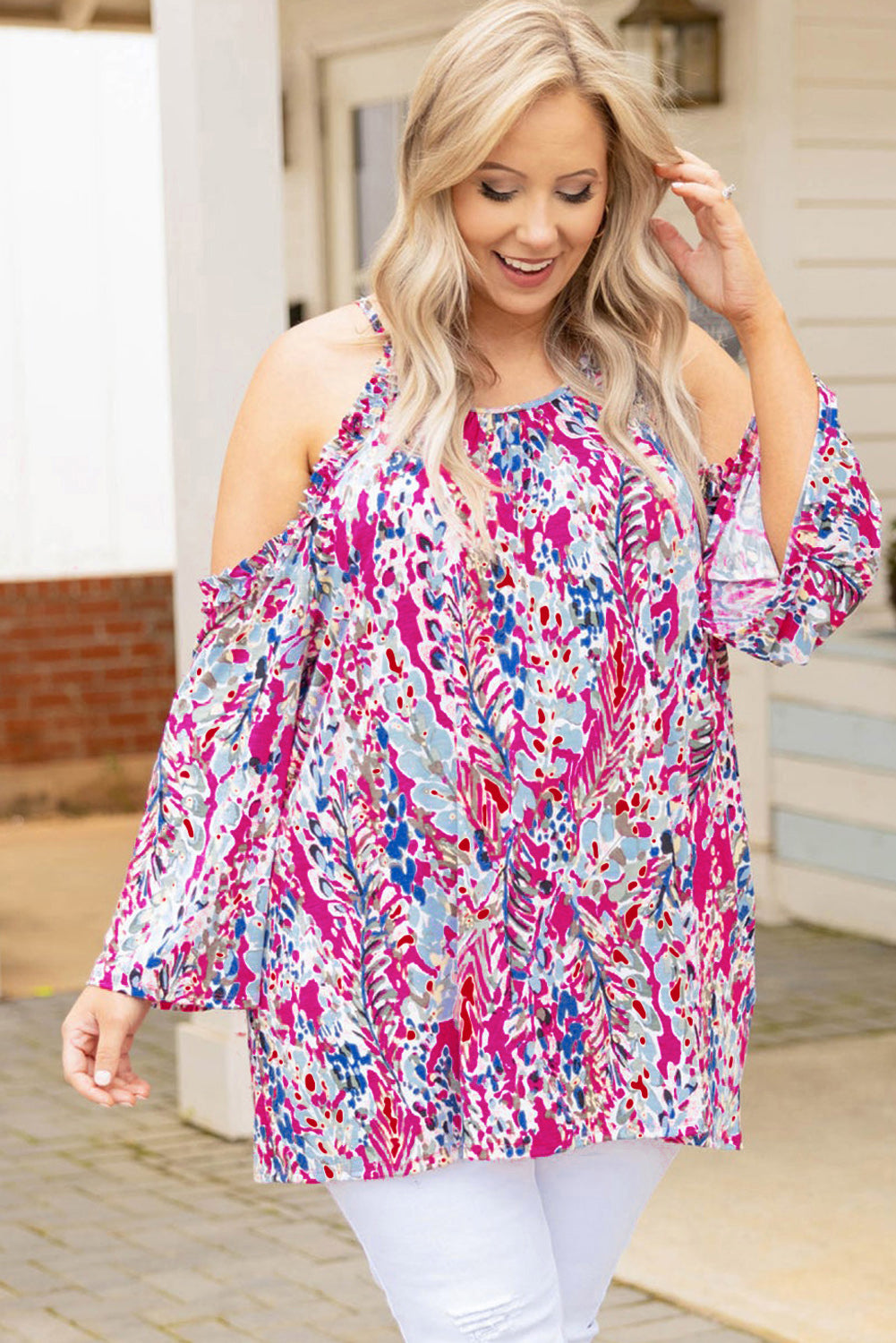 Floral Print Cold Shoulder Plus Size Top