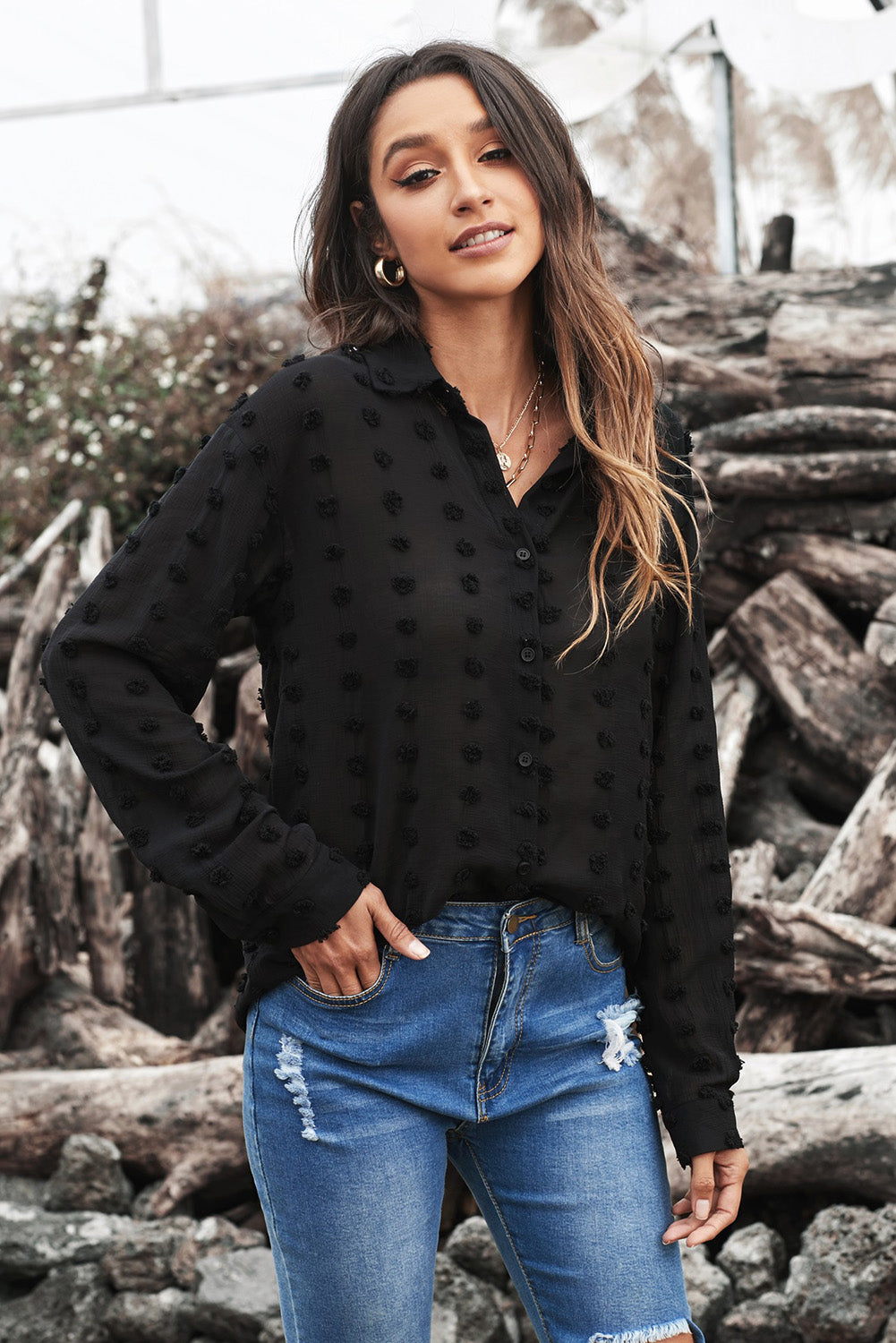 Black Long Sleeve Button Fuzzy Polka Dot Shirt