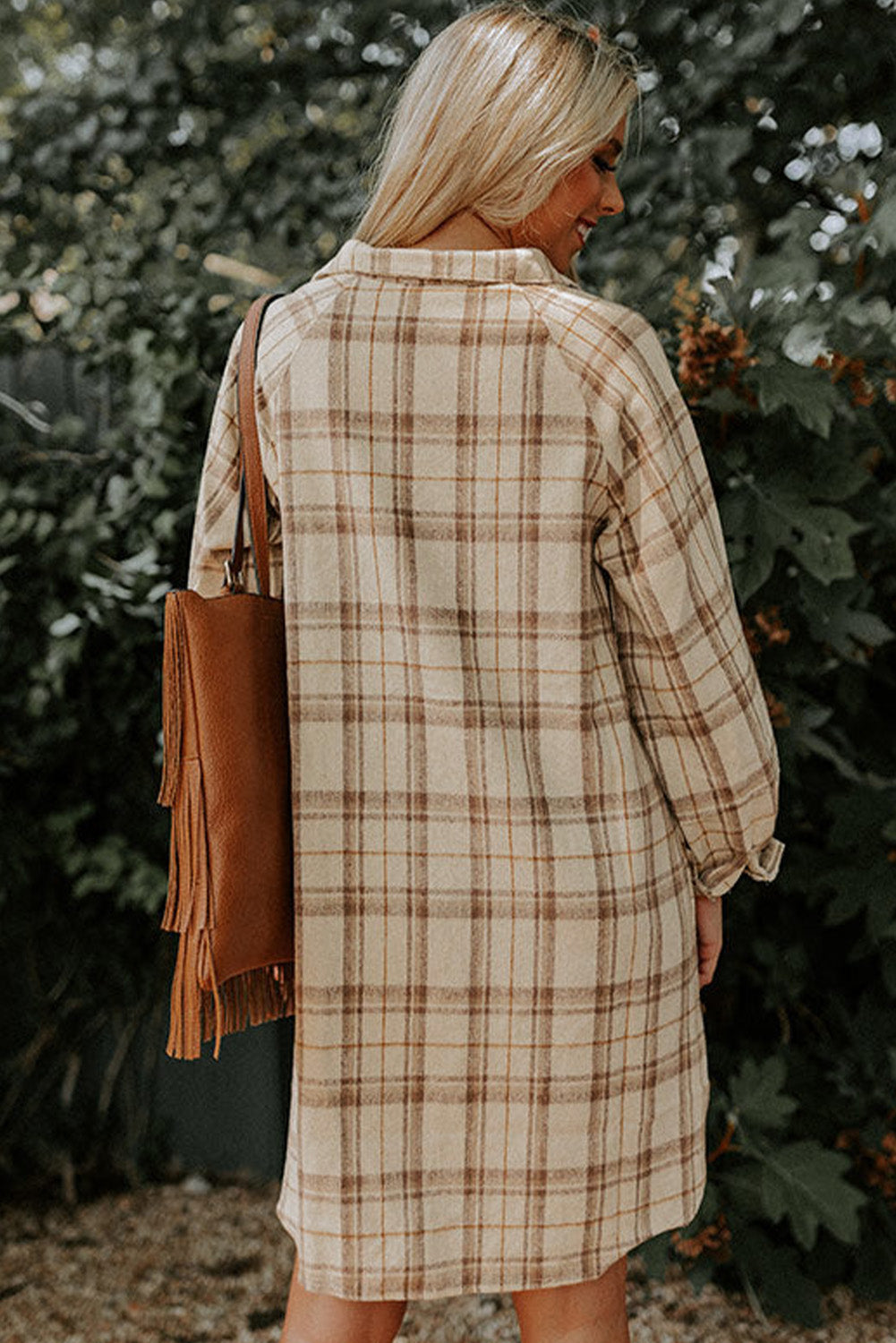 Khaki Western Plaid Button Up Loose Shirt Dress