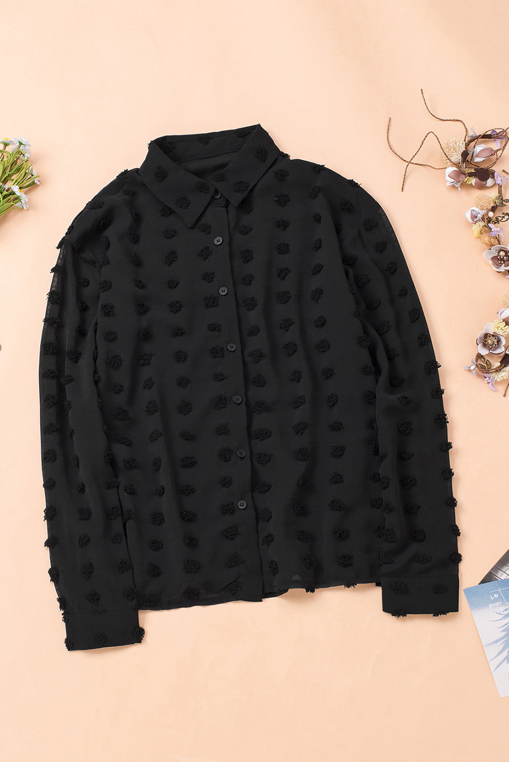 Black Long Sleeve Button Fuzzy Polka Dot Shirt