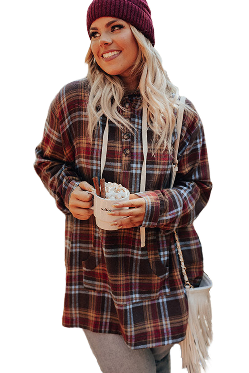 Red Plus Size Plaid Kangaroo Pocket Drawstring Hoodie