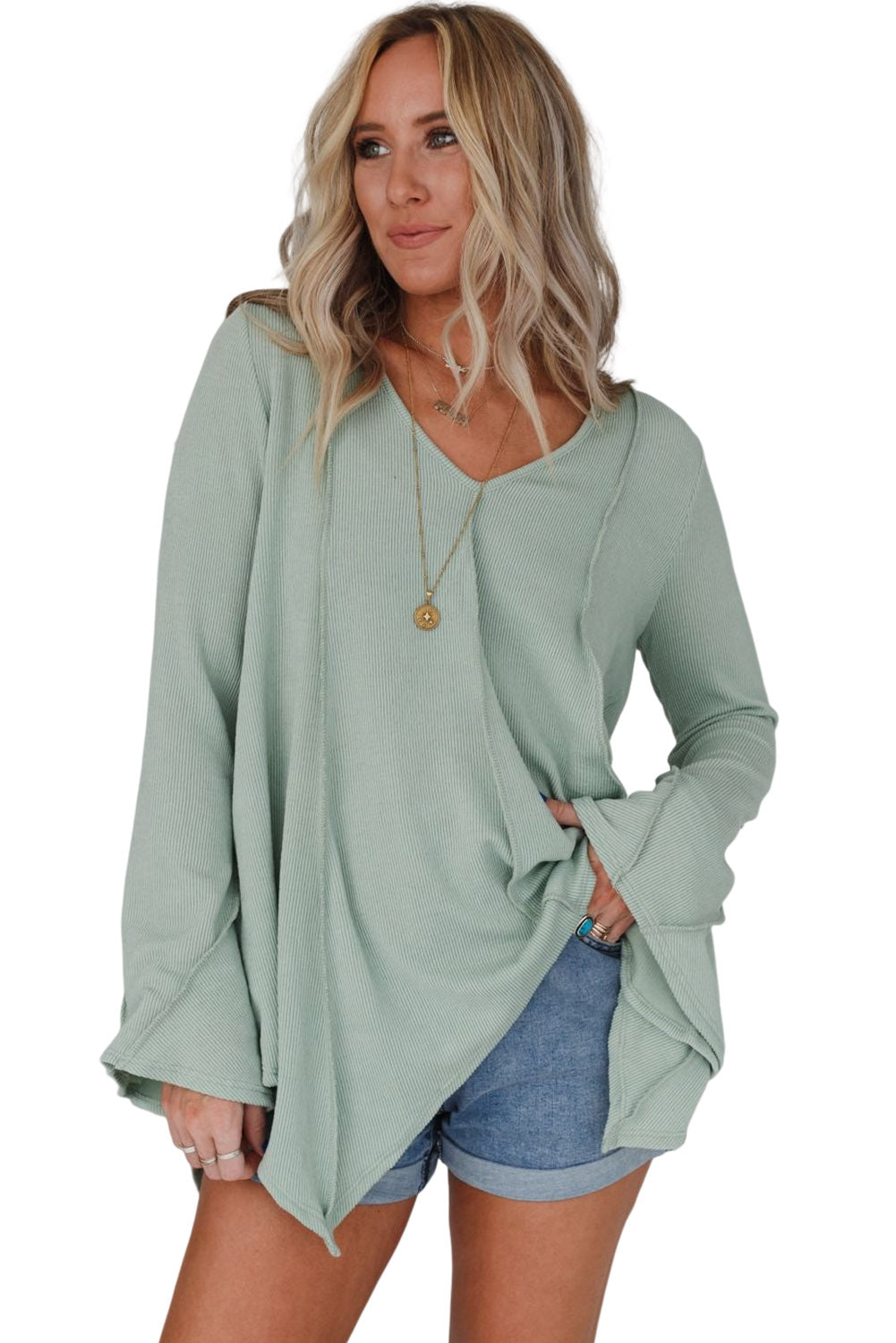 Ribbed Expose Seam Bell Sleeve Top