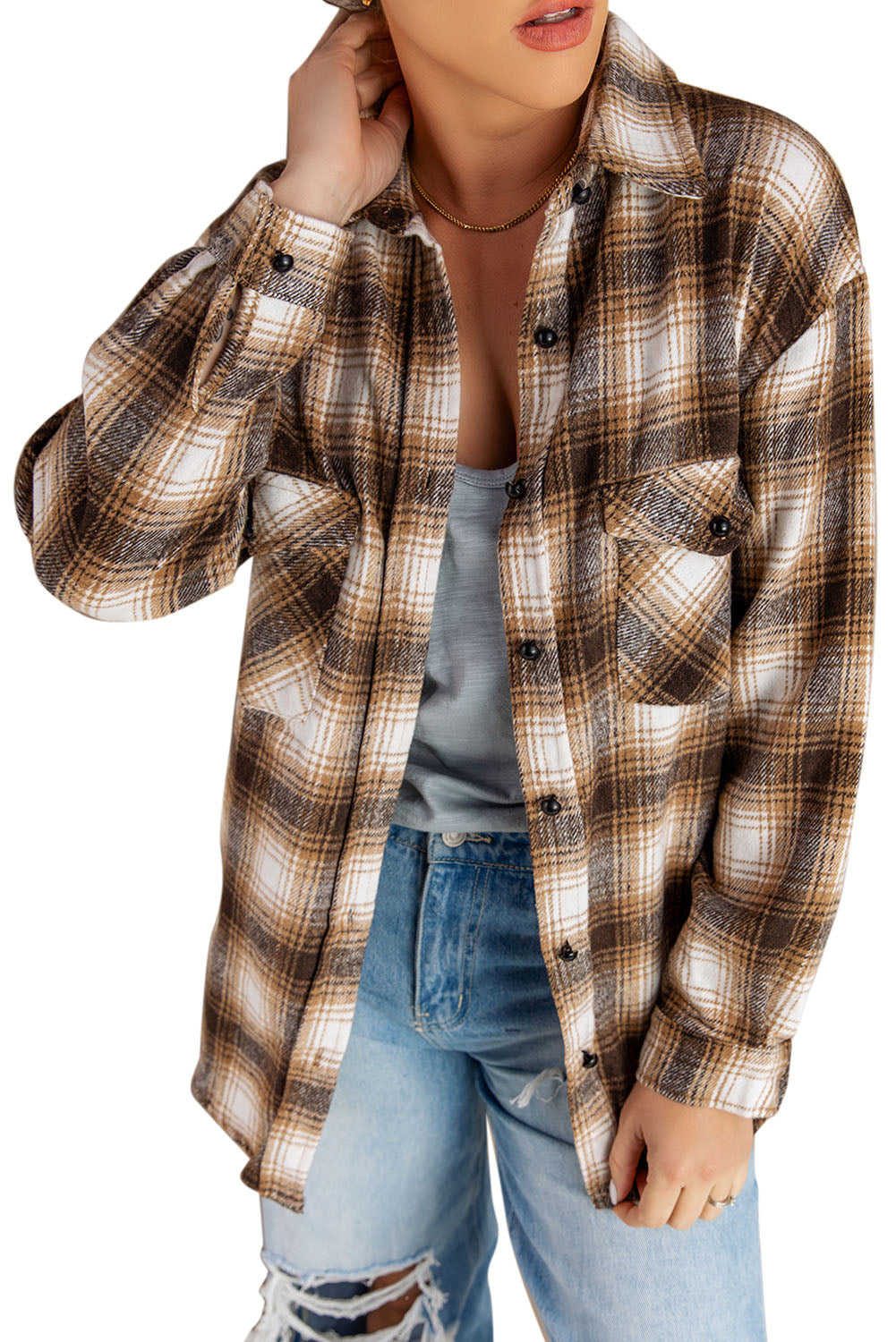 Brown Buttons Pocketed Plaid Shacket