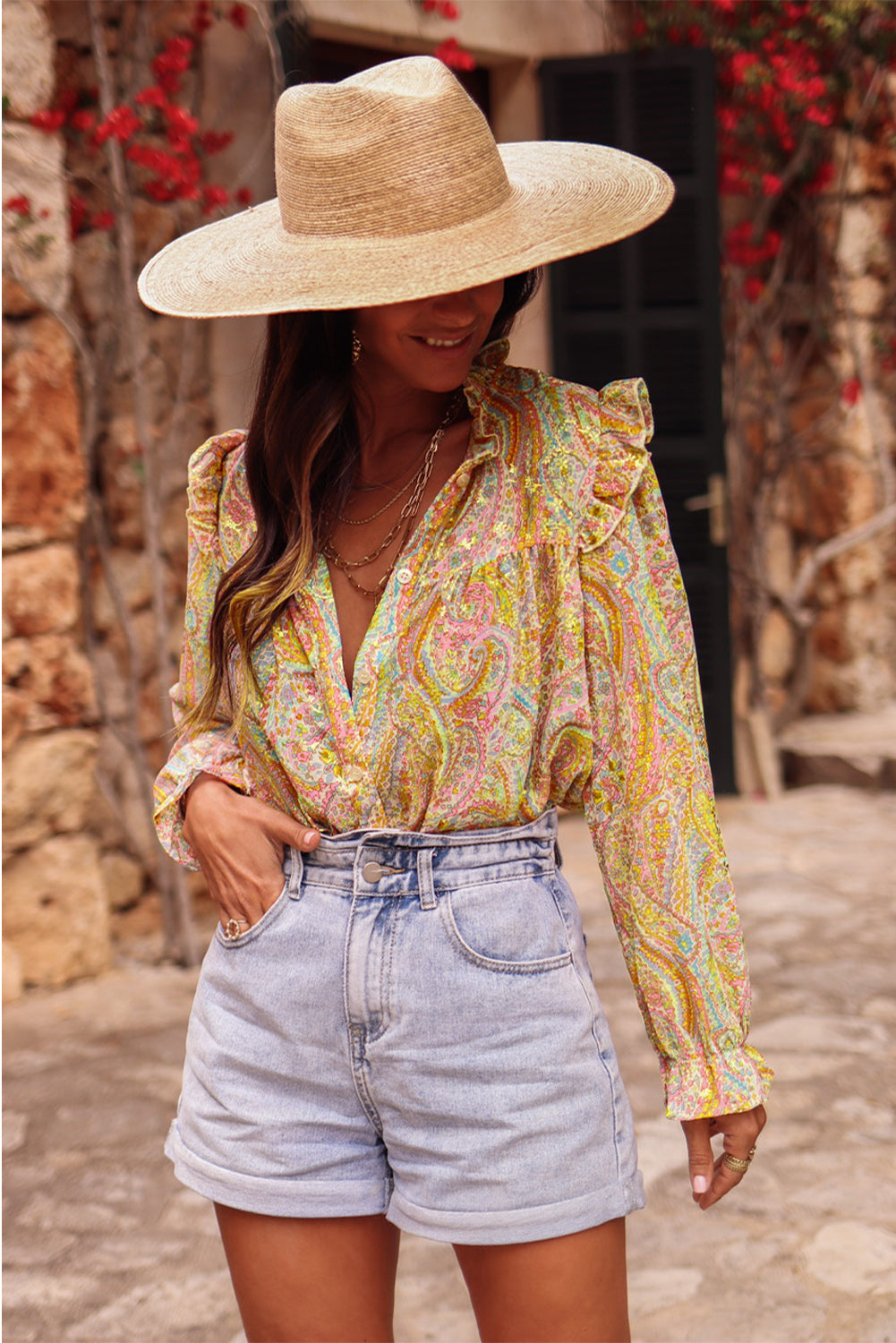 Yellow Paisley Print Ruffled Trim Boho Shirt