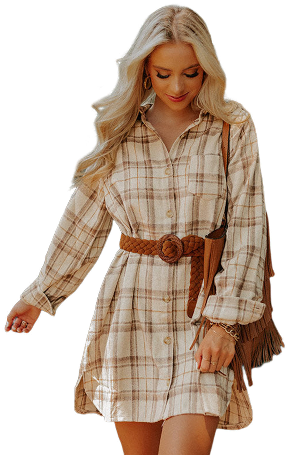 Khaki Western Plaid Button Up Loose Shirt Dress