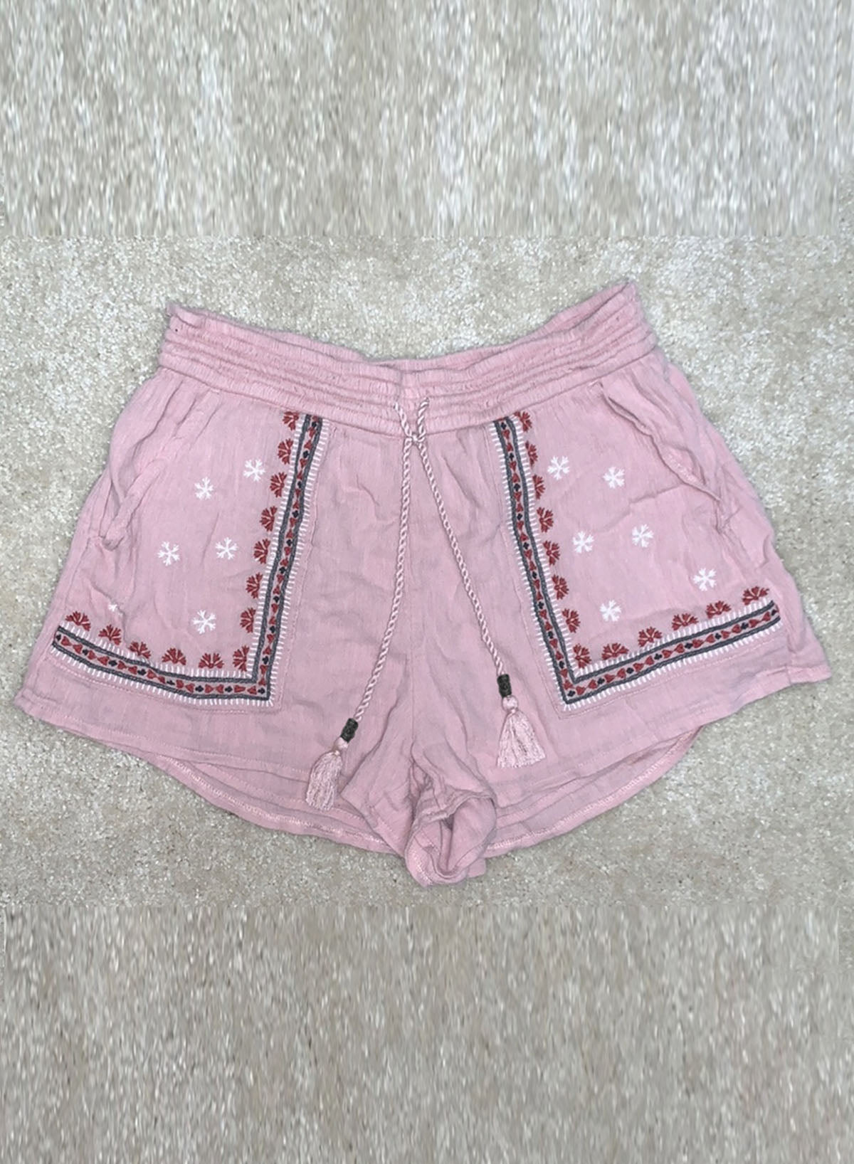 Boho Embroidered Floral Tasseled Drawstring Waist Casual Shorts