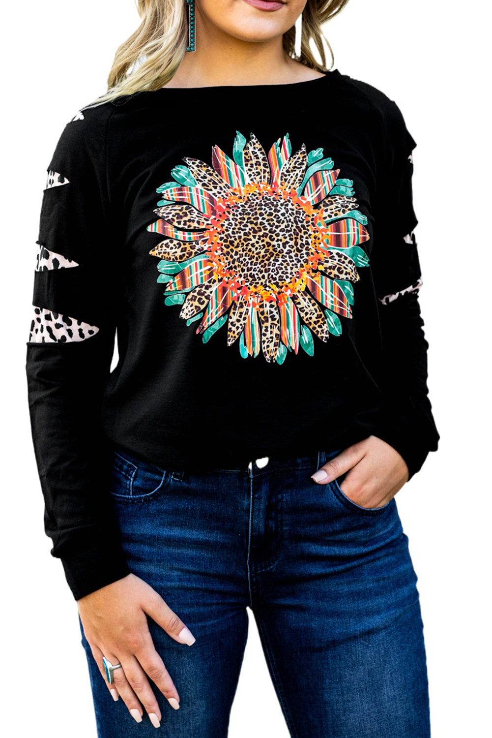 Black Leopard Sunflower Graphic One-Shoulder Sweatshirt