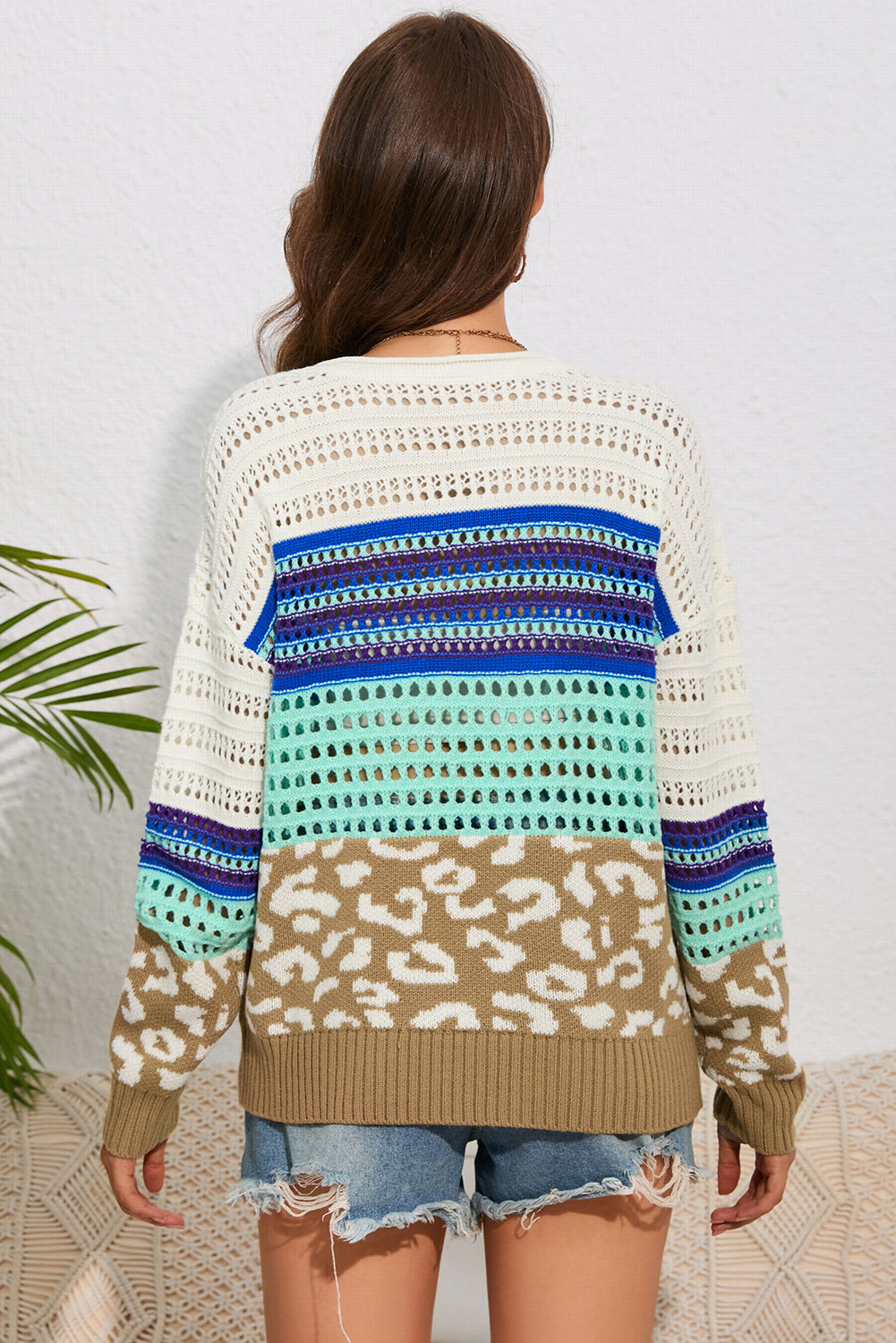 Multicolor Leopard Striped Mix Pattern Knit Crochet Sweater