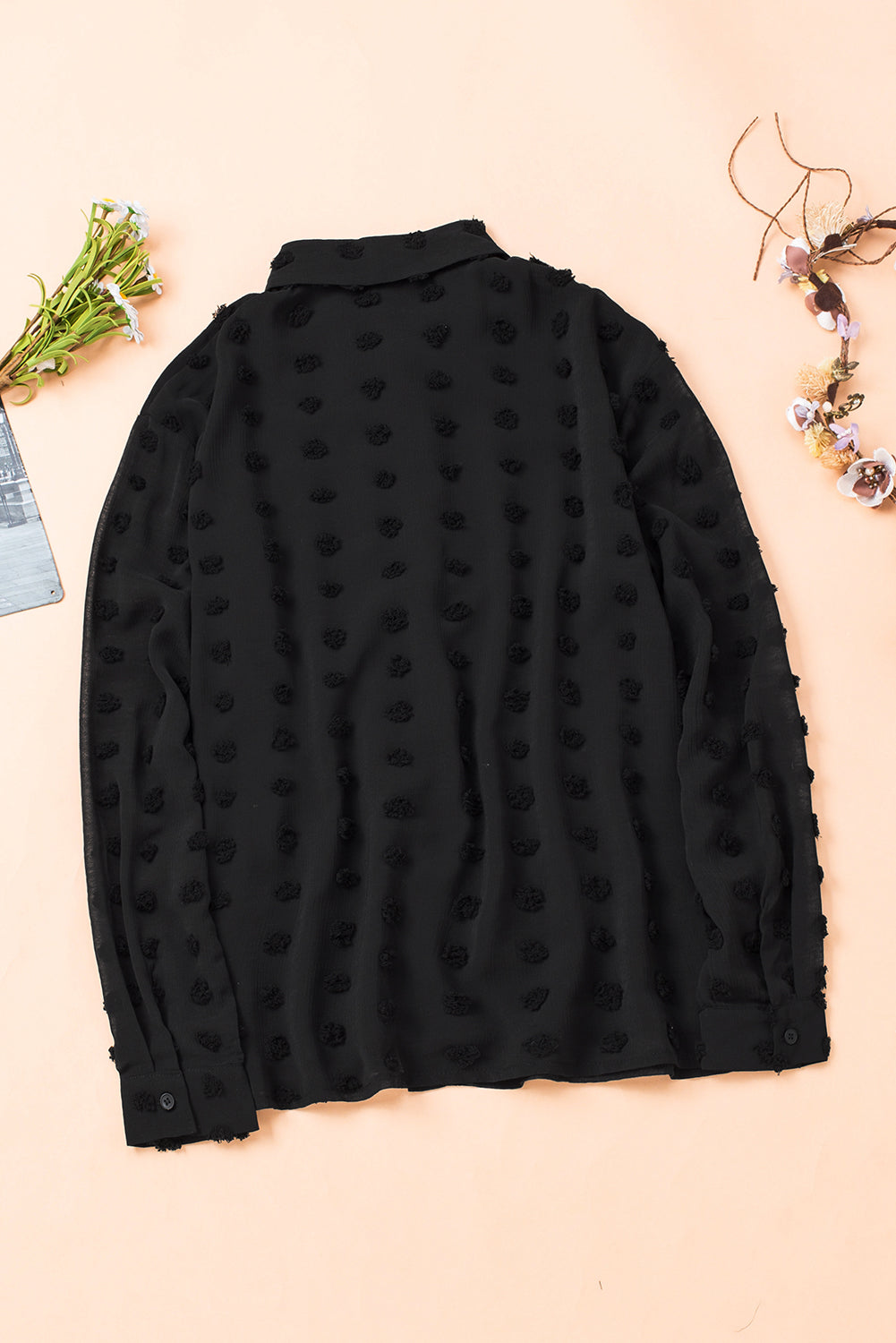 Black Long Sleeve Button Fuzzy Polka Dot Shirt