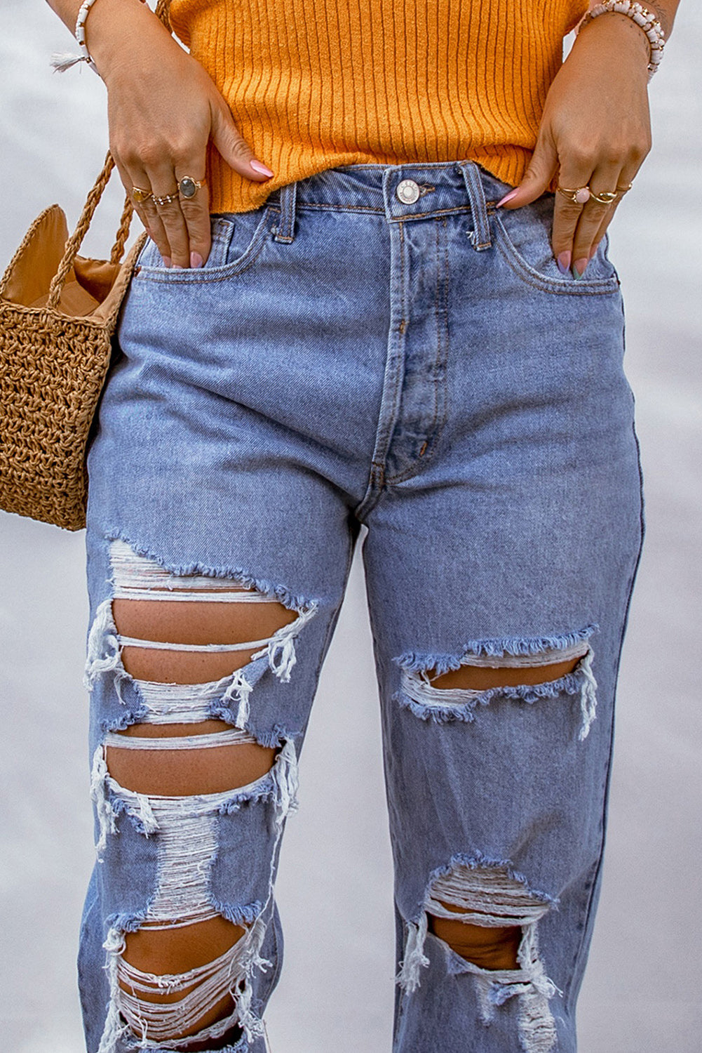 Heavy Destroyed Big Hole Boyfriend Jeans