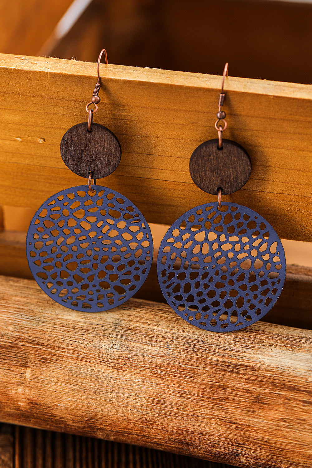 Rose Hollow Out Wooden Round Drop Earrings