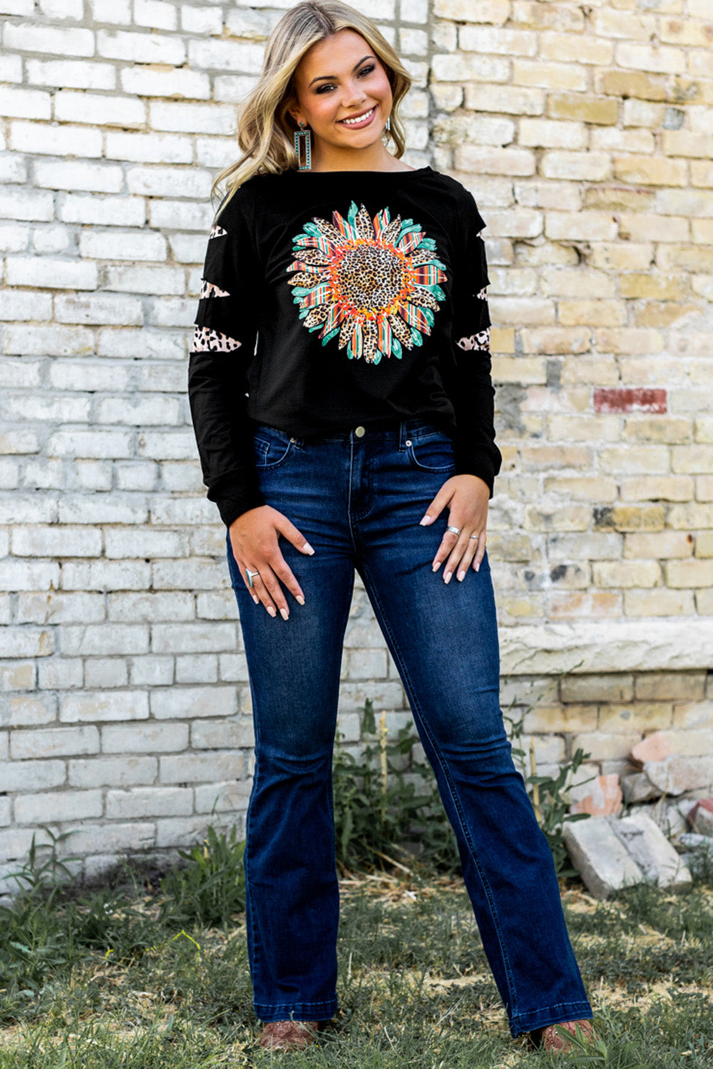 Black Leopard Sunflower Graphic One-Shoulder Sweatshirt