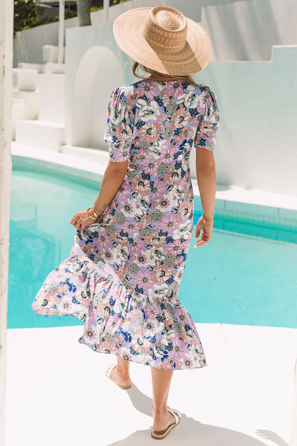 Boho Floral Print Short Puff Sleeve Ruffled Hem Dress