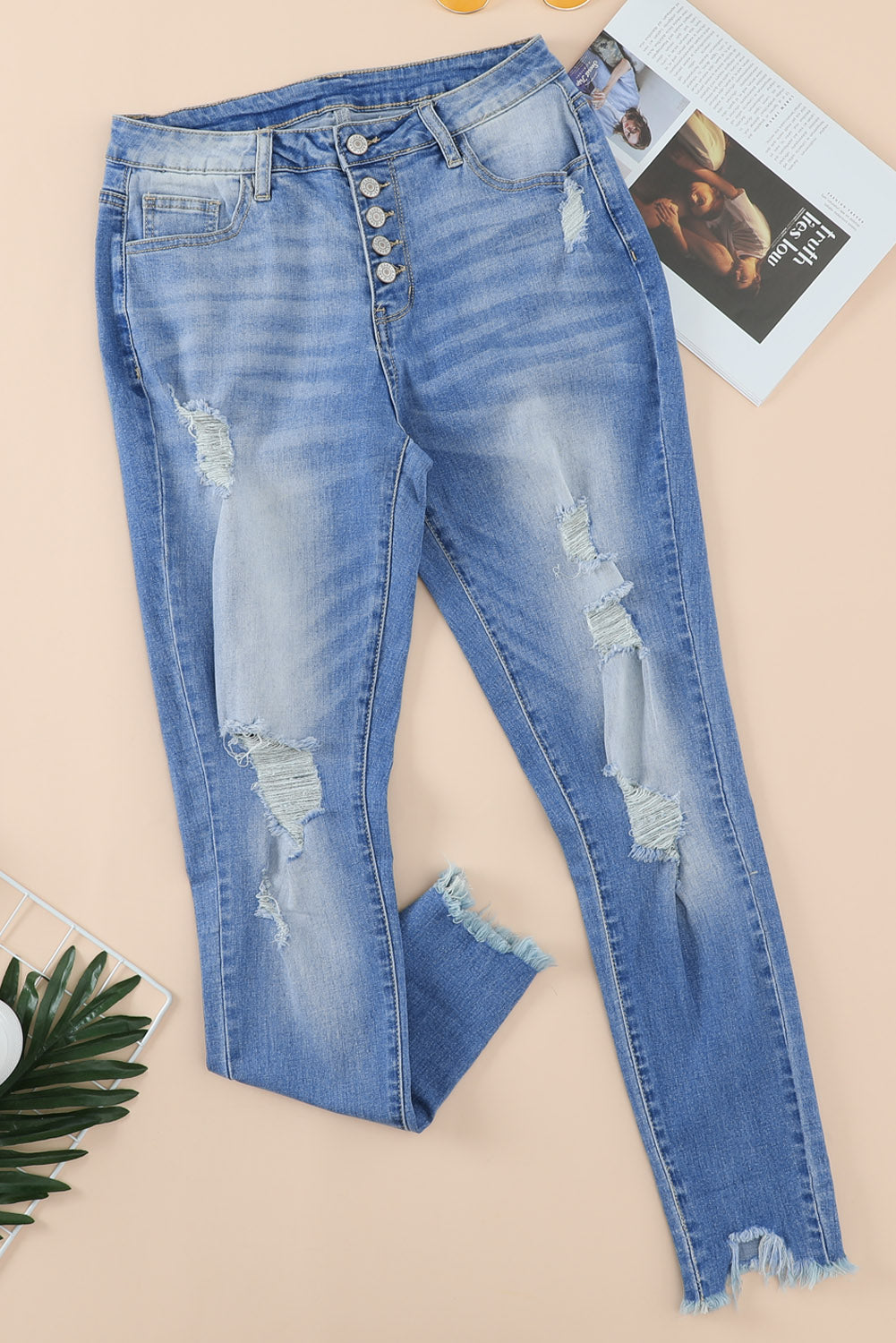 Sky Blue High Rise Button Front Frayed Ankle Skinny Jeans