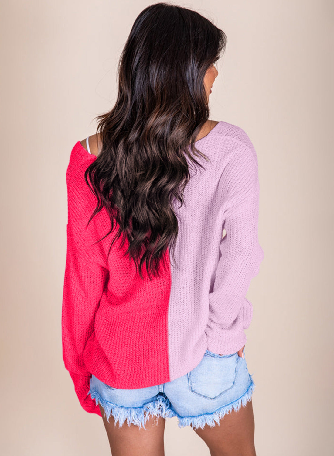 Pink Long Sleeve V-Neck Colorblock Sweater