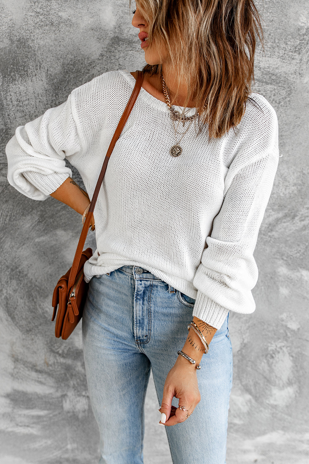 White Drop Shoulder Back Cut-out Sweater with Tie